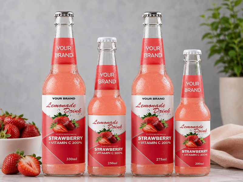 LEMONADE DRINK Strawberry flavored drink available in 330ml, 250ml, 275ml, and 200ml glass bottles.